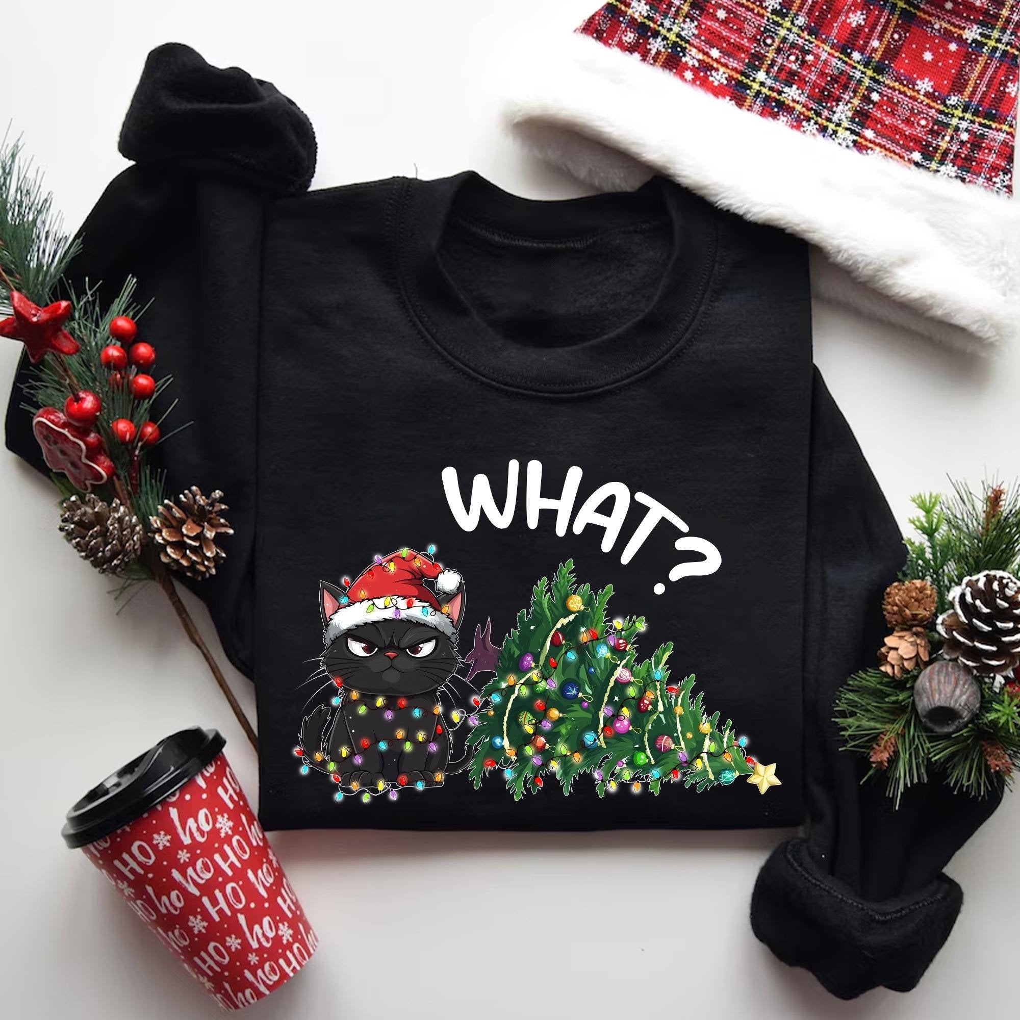 Cat Christmas Shirt, Funny Cat Christmas Shirt, Grumpy Cat Lover Shirt, Cat Mom Shirt, Black Cat Christmas Light Shirt