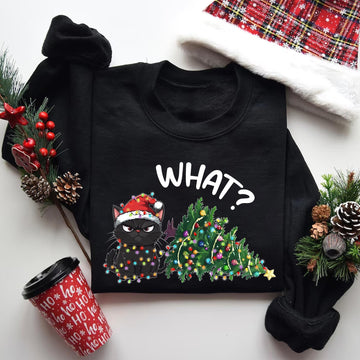 Cat Christmas Shirt, Funny Cat Christmas Shirt, Grumpy Cat Lover Shirt, Cat Mom Shirt, Black Cat Christmas Light Shirt