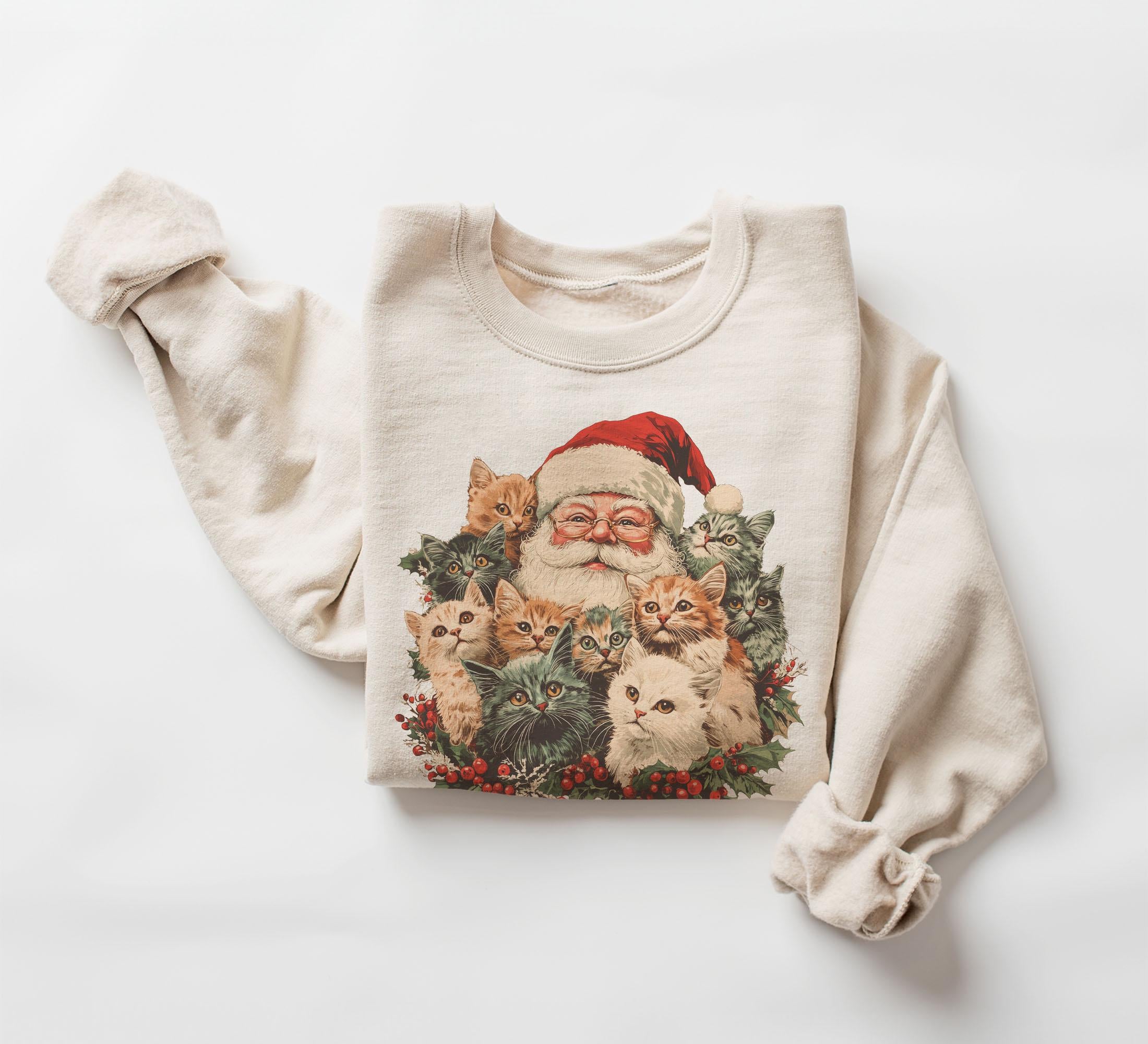 Retro Santa Claus & Kittens Christmas Winter Sweatshirt - 90s Old Saint Nick Gift For Cat Lovers Outfit - Boho