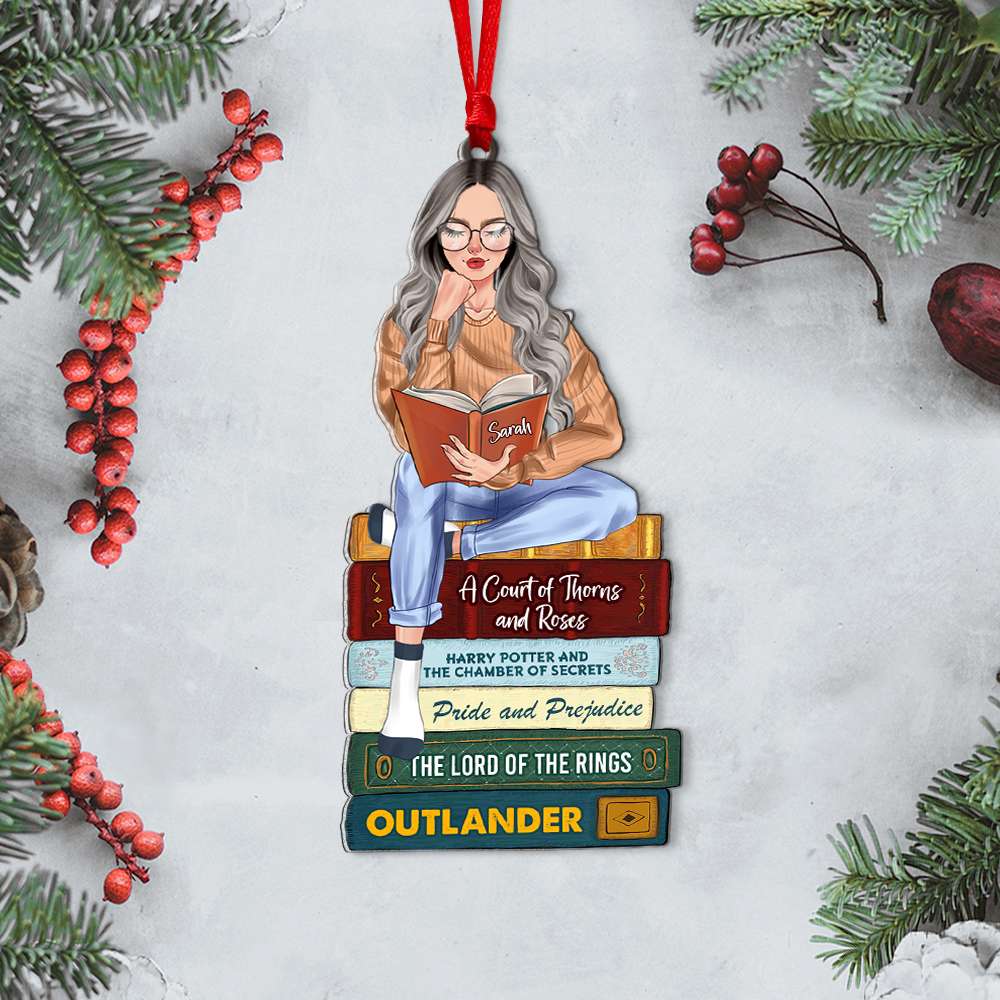 Girl Reading Book -  Custom Book Titles, Personalized Acrylic Ornament bao0811