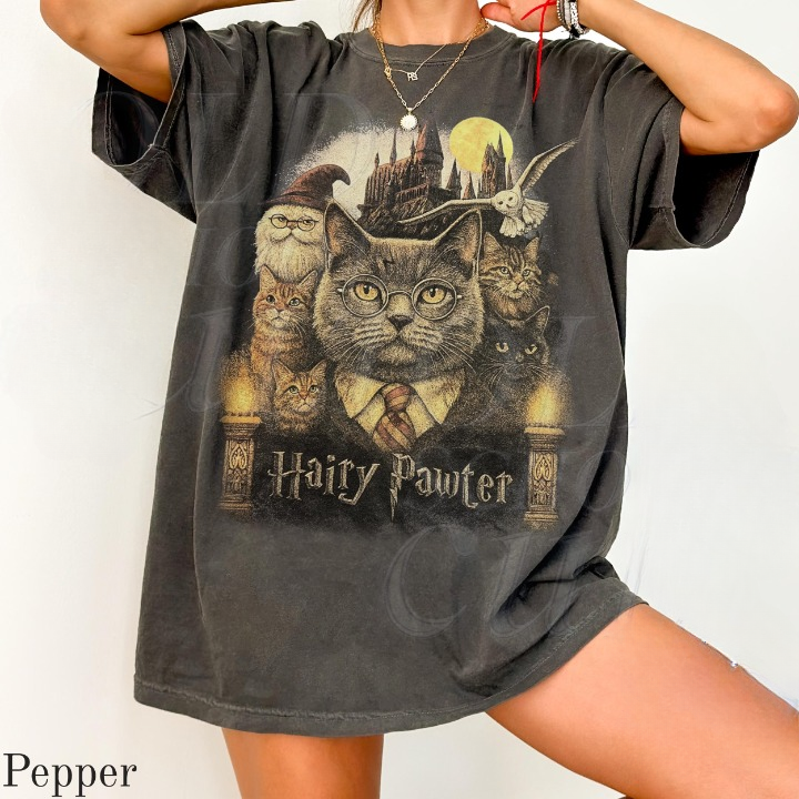 Hairy Pawter Vintage 90s Graphic Shirt, Retro Funny Cat Comfort Colors® Shirt, Cat Wizard Fantasy Shirt, Wizarding School Tee, Reader Gift