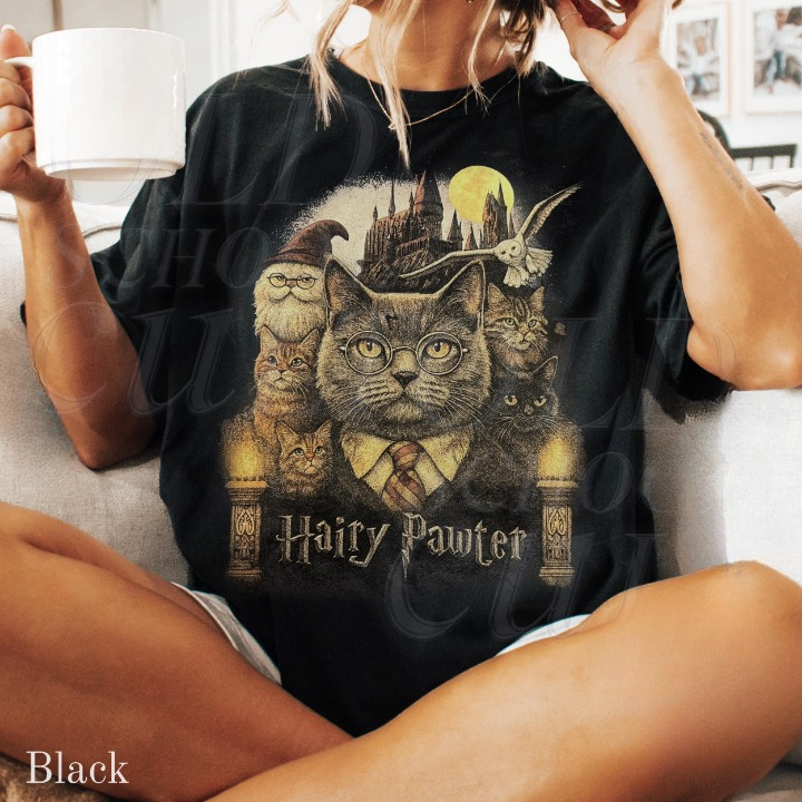 Hairy Pawter Vintage 90s Graphic Shirt, Retro Funny Cat Comfort Colors® Shirt, Cat Wizard Fantasy Shirt, Wizarding School Tee, Reader Gift