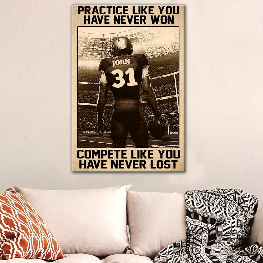 Personalized Vintage American Football Poster - Practice Like You've Never Won Custom Name, Number