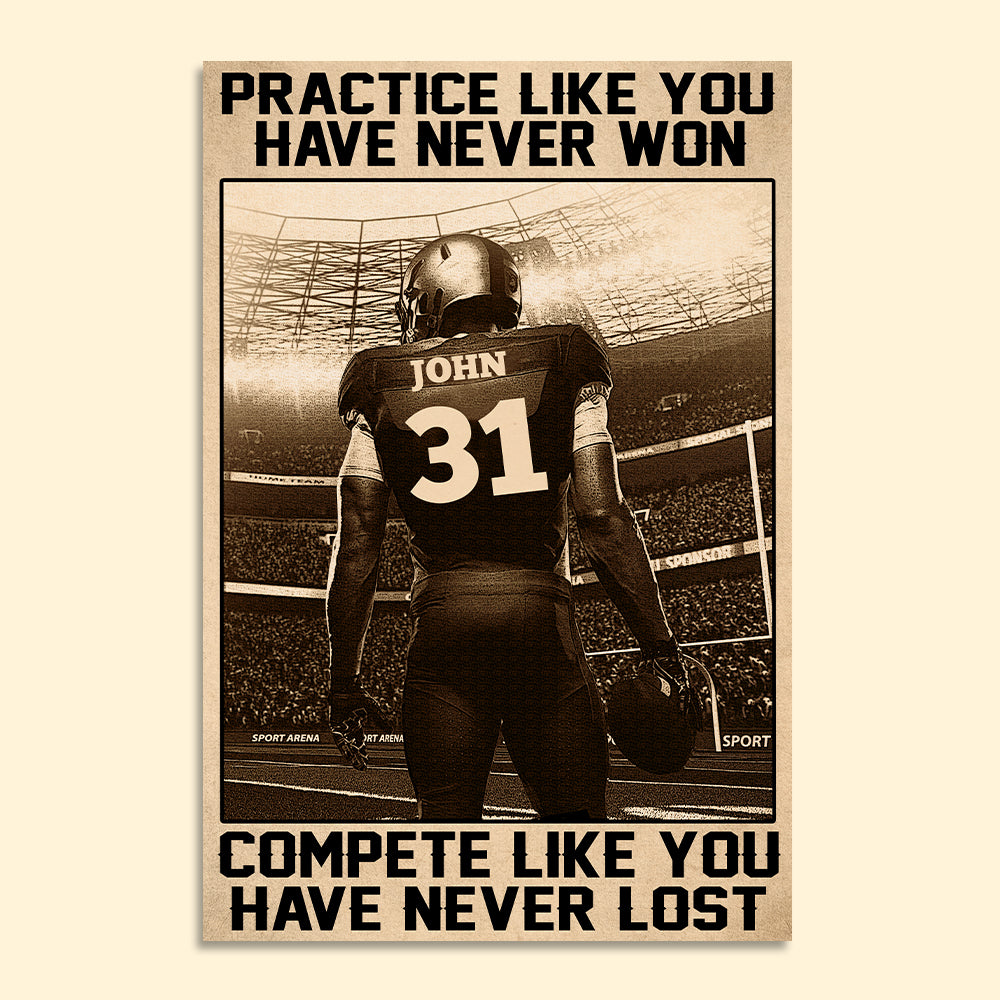 Personalized Vintage American Football Poster - Practice Like You've Never Won Custom Name, Number
