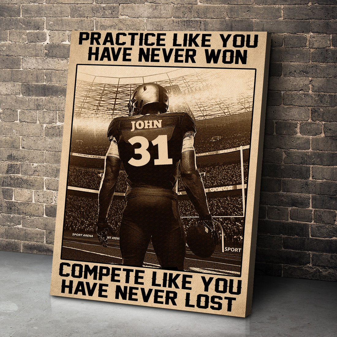 Personalized Vintage American Football Poster - Practice Like You've Never Won Custom Name, Number