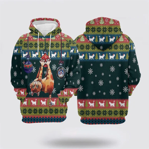 Cat Hanging On Christmas Tree All Over Print 3D Hoodie For Men And Women, Christmas Cat
