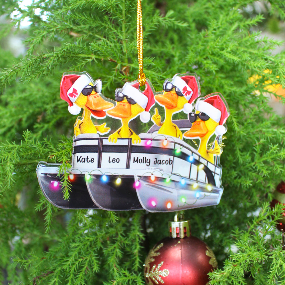 Pontoon Ornaments - Duck Family on Boat - Personalized Christmas Gifts For Pontoon Lovers
