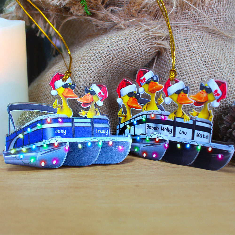 Pontoon Ornaments - Duck Family on Boat - Personalized Christmas Gifts For Pontoon Lovers