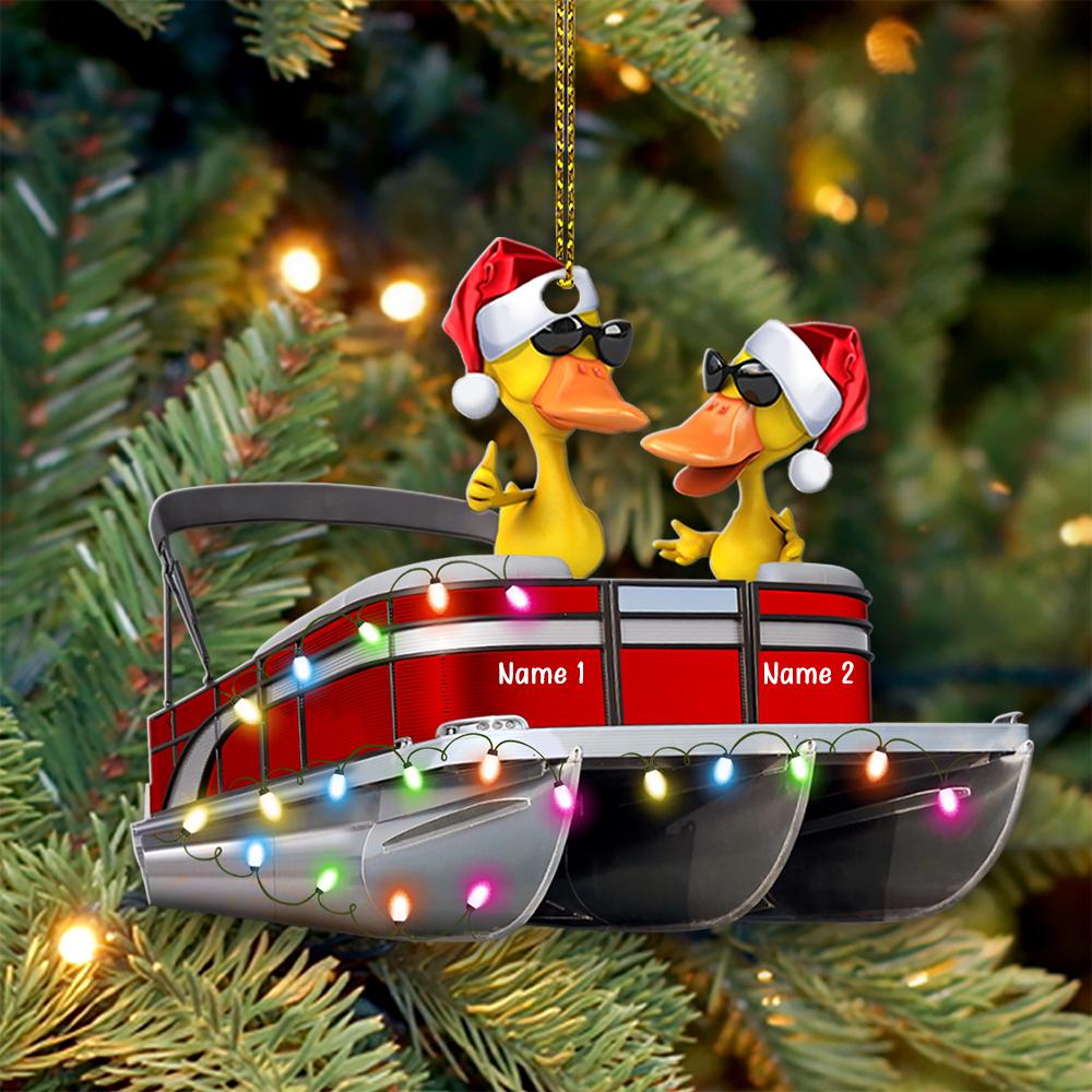 Pontoon Duck Couple - Personalized Christmas Ornament - Christmas Gift For Pontoon Lovers