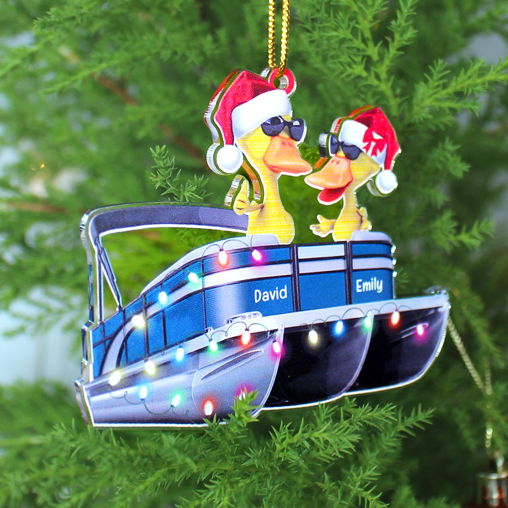 Pontoon Duck Couple - Personalized Christmas Ornament - Christmas Gift For Pontoon Lovers