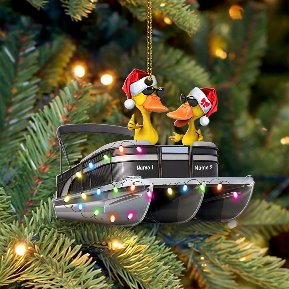 Pontoon Duck Couple - Personalized Christmas Ornament - Christmas Gift For Pontoon Lovers