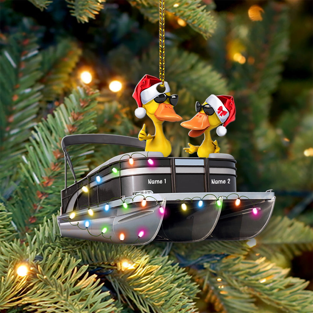 Pontoon Ornaments - Duck Family on Boat - Personalized Christmas Gifts For Pontoon Lovers