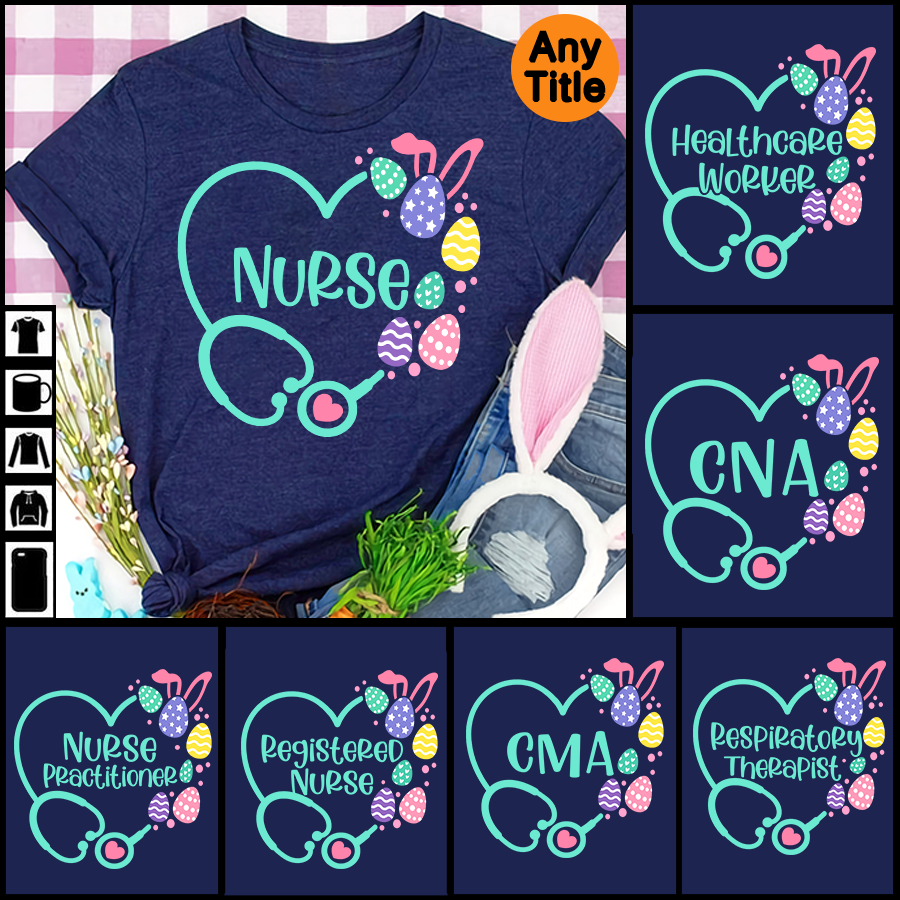 PresentsPrints, Custom Nurse Happy Easter with Eggs, Personalized T-Shirt