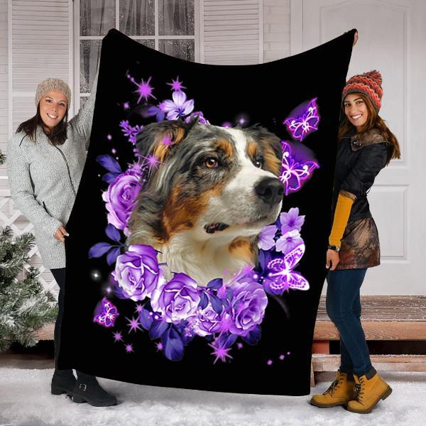 Australian Shepherd Purple Flower Valentines Day Gift Fleece Blanket - Quilt Blanket