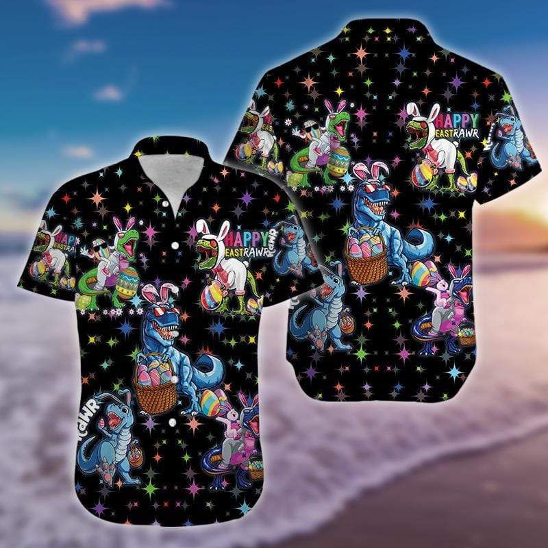 PresentsPrints, Beach Shirt Discoer Cool Amazing Happy Easter Raws T-Rex Dinosaur Black Hawaiian Shirt