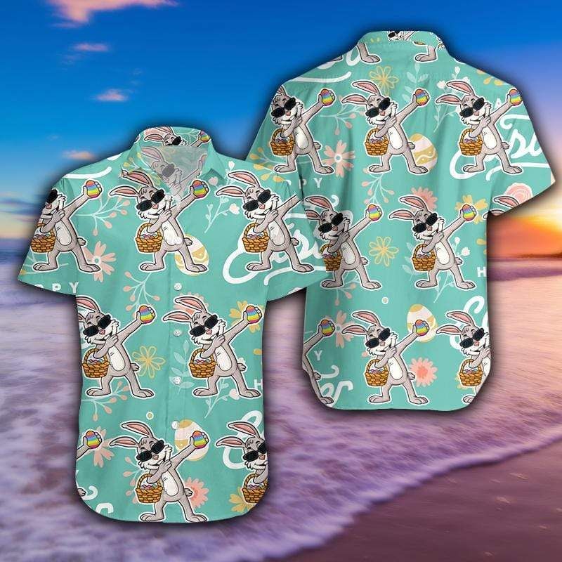 PresentsPrints, Funny Dabbing Bunny With Egg Happy Easter Green Hawaiian Shirts, Hawaiian Shirt