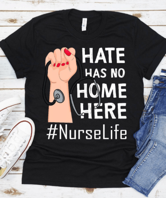 PresentsPrints, Pride Parade Hate Has No Home Here Nurse LGBT Womens Girls, Nurse T-Shirt