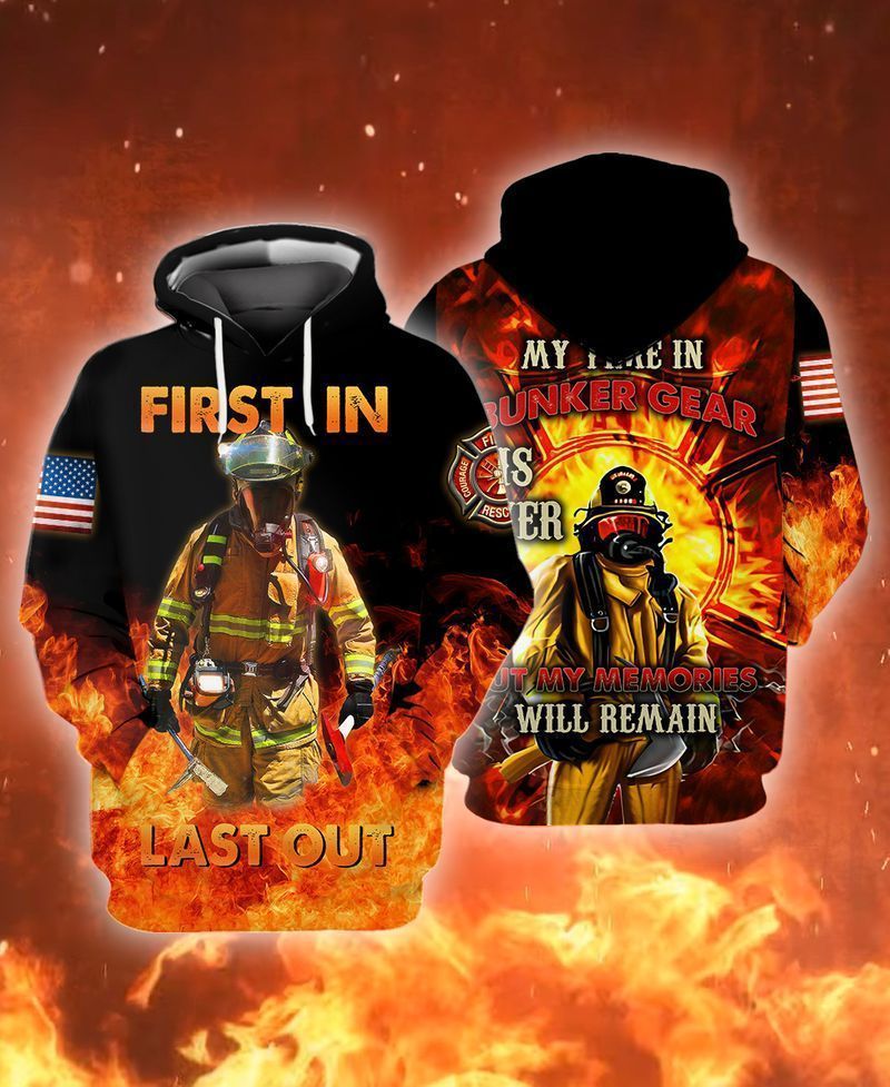 PresentsPrints, Memorial Day American Flag FireFighter First In Last Out My Fine In Bunker Gear Out My Memories Will Remain For Men And Women Firefighter Full Printed 3D Hoodie