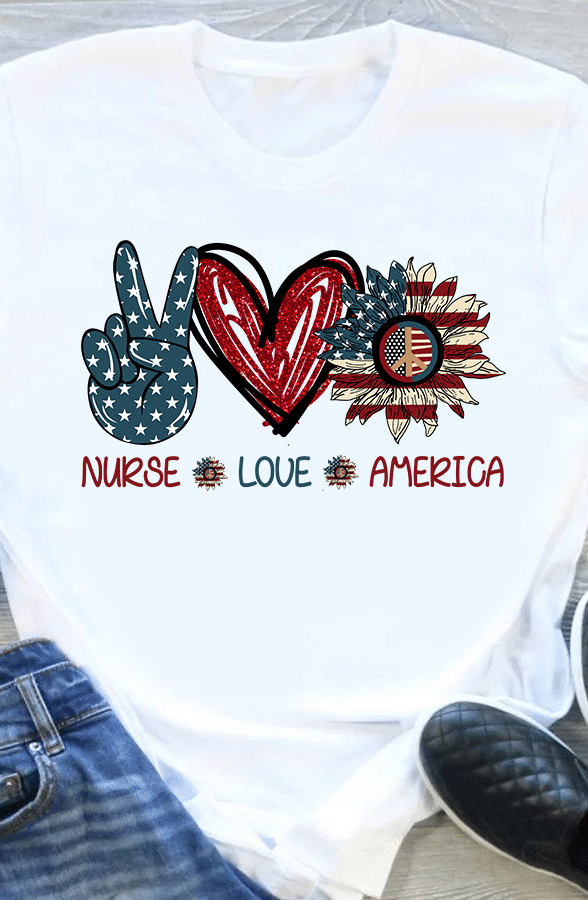 PresentsPrints, American flag heart sunflower nurse love veteran independence peace, Nurse T-Shirt