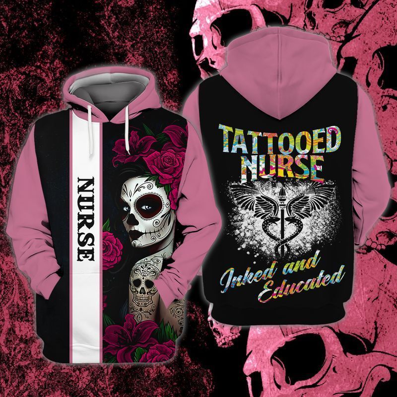 PresentsPrints, Skull Flowers Girls Tattooed Nurse Inked And Educated For Men And Women 3D Hoodie Zip Hoodie  size S-5XL