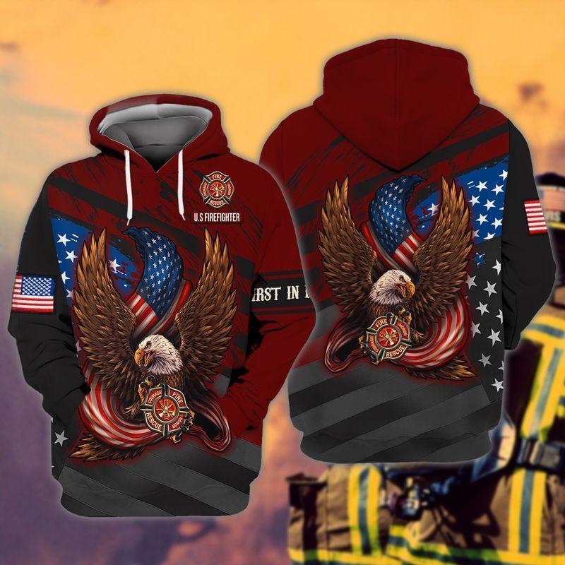 PresentsPrints, 4th Of July Independence Day American Eagle Firefighter For Men And Women Firefighter Full Printed 3D Hoodie