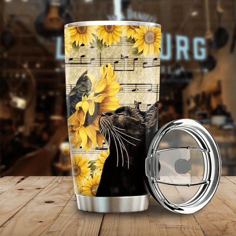 PresentsPrints, Black cat sunflower and music note tumbler all over print size 20oz-30oz