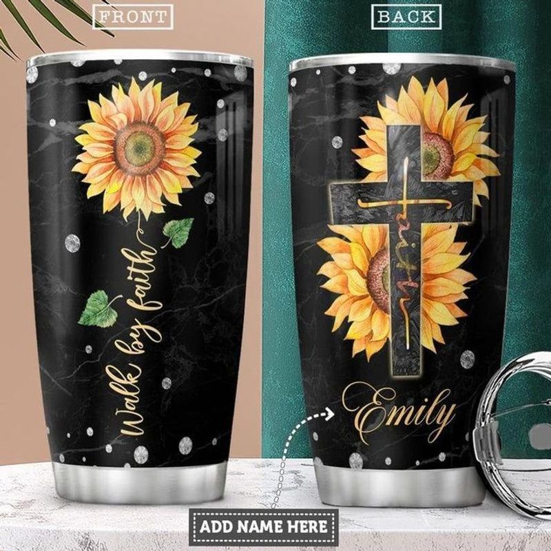 PresentsPrints, Personalized walk by faith sunflower Jesus tumbler size 20oz-30oz