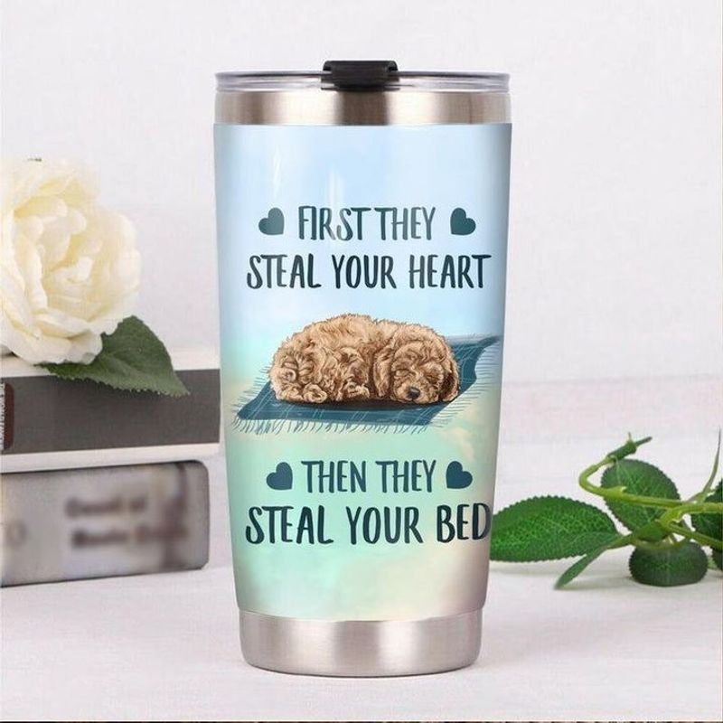PresentsPrints, First they steal your heart then they steal your bed Goldendoodle dog tumbler all over print size 20oz-30oz