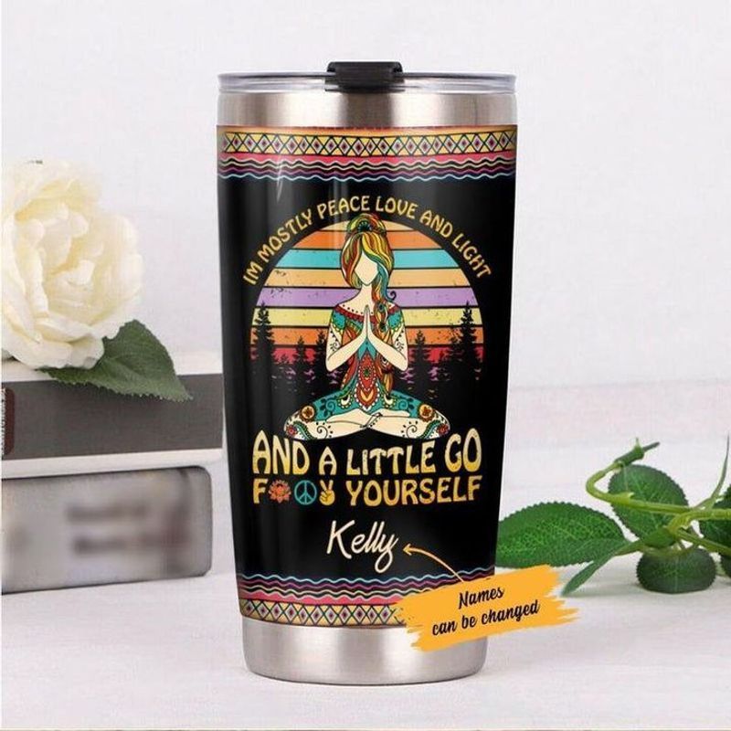 PresentsPrints, Personalized im mostly peace love and light and a little go fuck yourself vintage yoga meditation bandala tumbler size 20oz-30oz