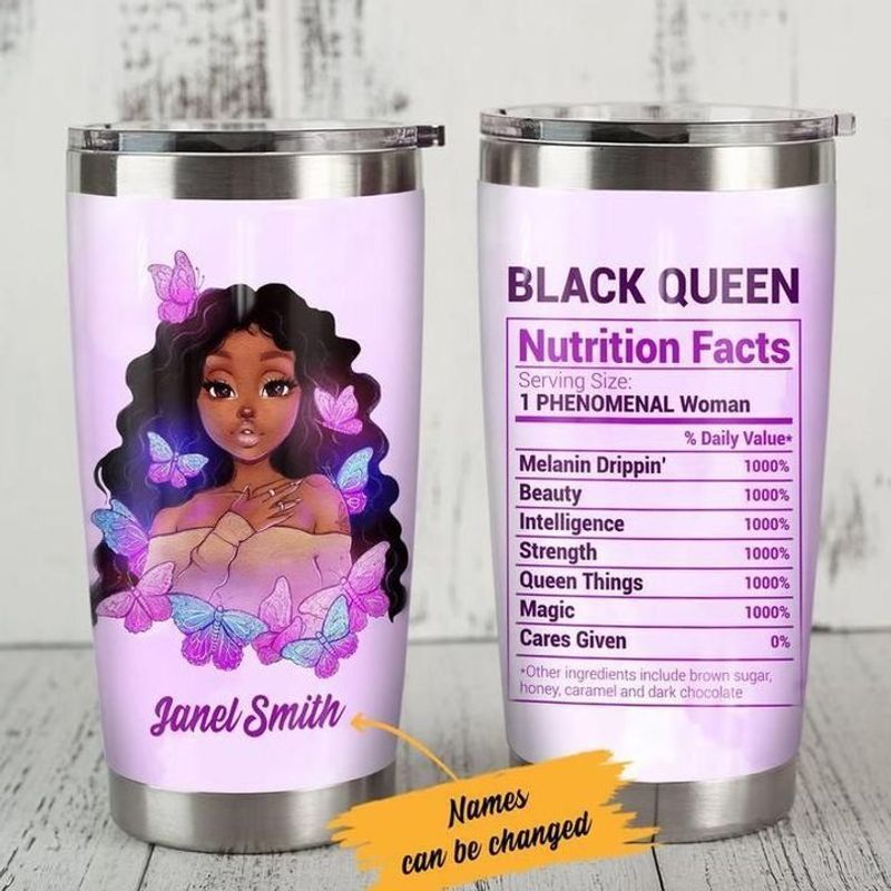 PresentsPrints, Personalized black queen nutrition facts 1 phenomenal woman melanin drippin cares given butterfly tumbler size 20oz-30oz