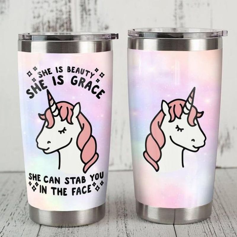 PresentsPrints, She is beauty she is grace she can stab you in the face unicorn tumbler all over print size 20oz-30oz