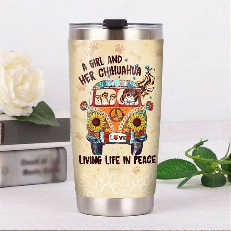 PresentsPrints, A girl and her chihuahua living life in peace car sunflower love hippie tumbler all over print size 20oz-30oz