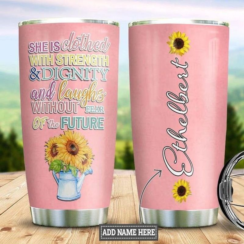 PresentsPrints, Personalized she is clothed with strength dignity and laughs without fear of the future sunflower tumbler size 20oz-30oz