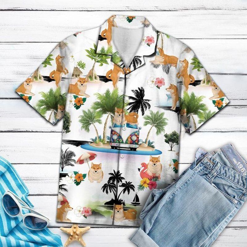 PresentsPrints, Shiba Inu akita dog bus car beach, Hawaiian Shirt