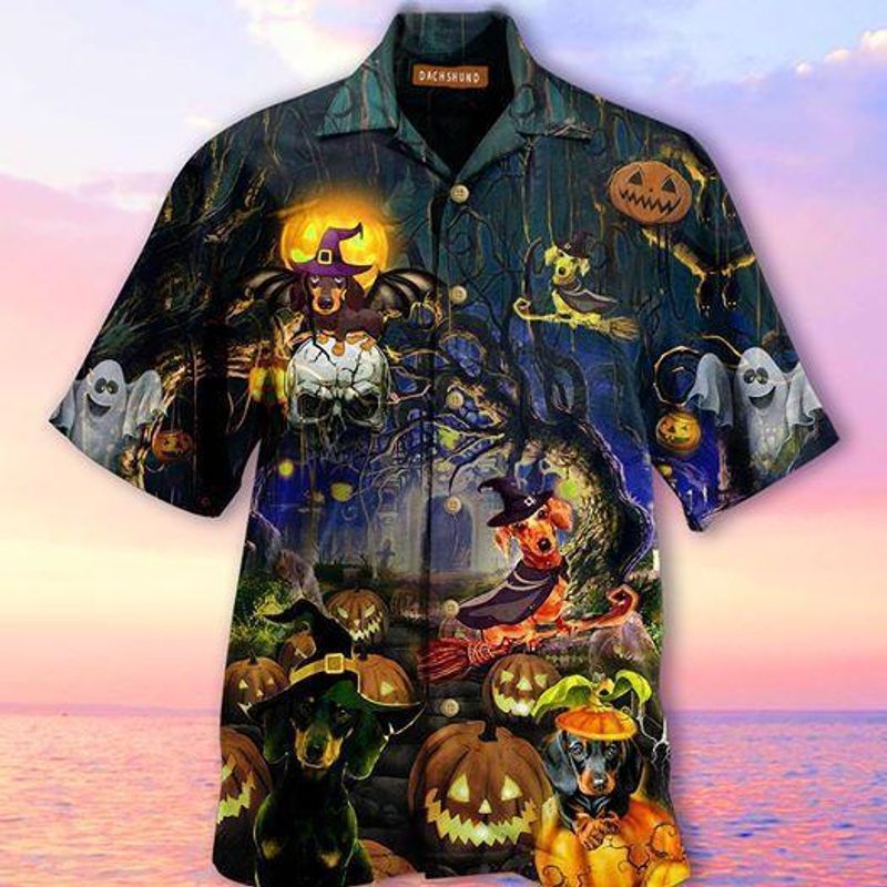 PresentsPrints, Dachshund dog witch halloween pumpkin shop, Hawaiian Shirt