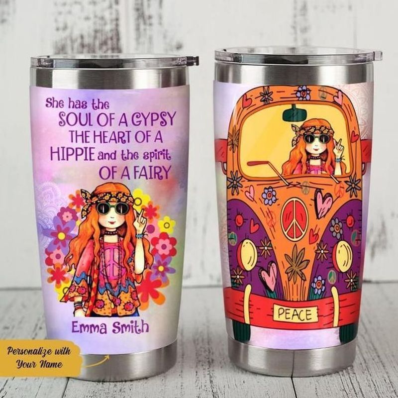 PresentsPrints, Personalized she has the soul of a gypsy the heart of a hippie and the spirit of a fairy peace car tumbler size 20oz-30oz