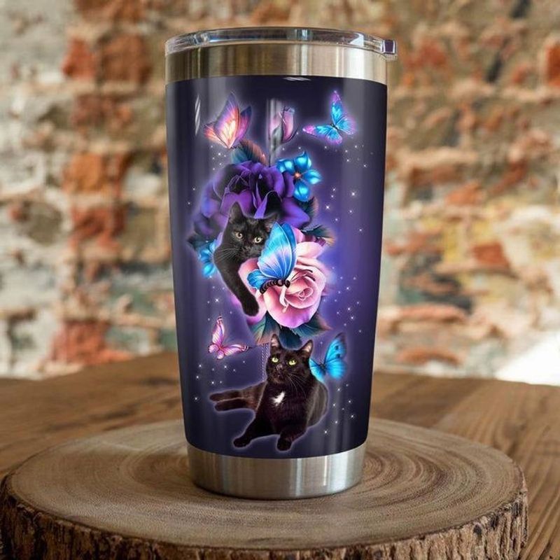 PresentsPrints, Black cat and rose flower butterfly tumbler all over print size 20oz-30oz