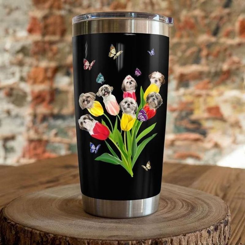 PresentsPrints, Shih Tzu dogs and tulip flower butterfly tumbler all over print size 20oz-30oz