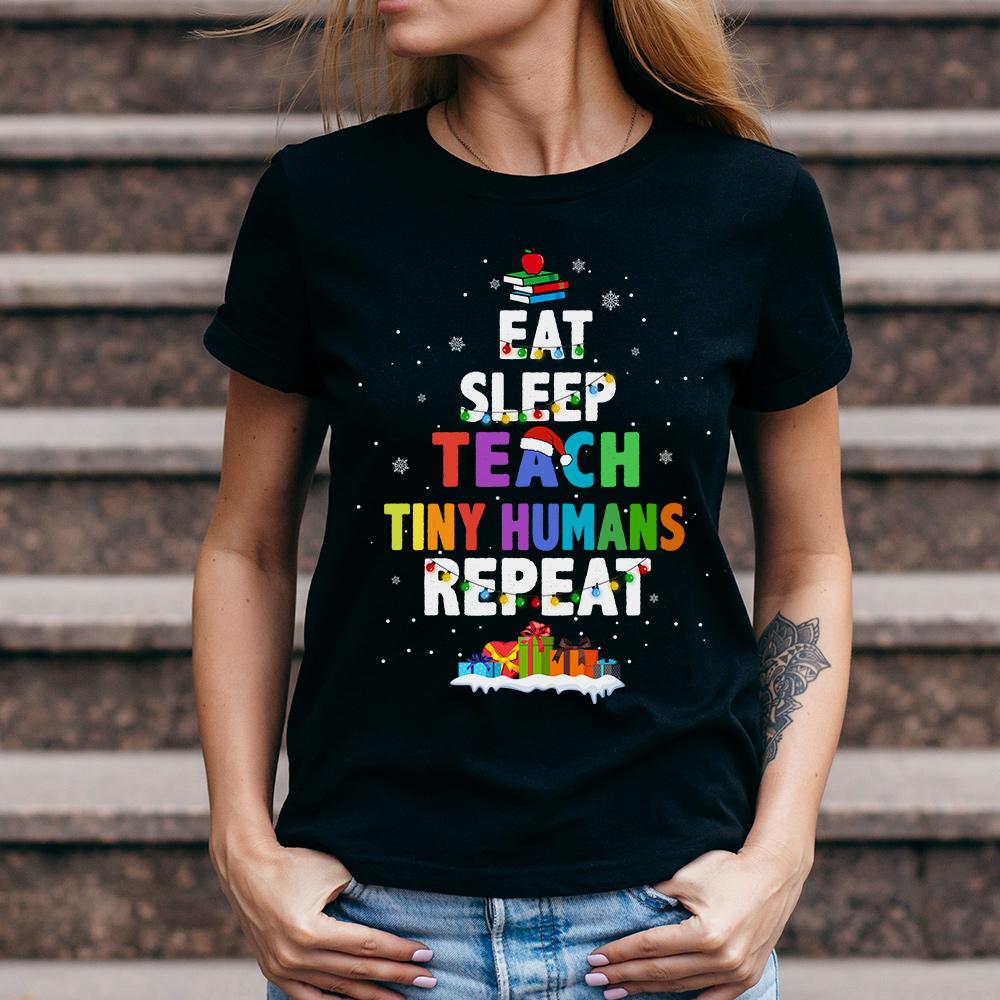 PresentsPrints, Eat Sleep Teach Tiny Humans Repeat - Teacher Christmas T-Shirt