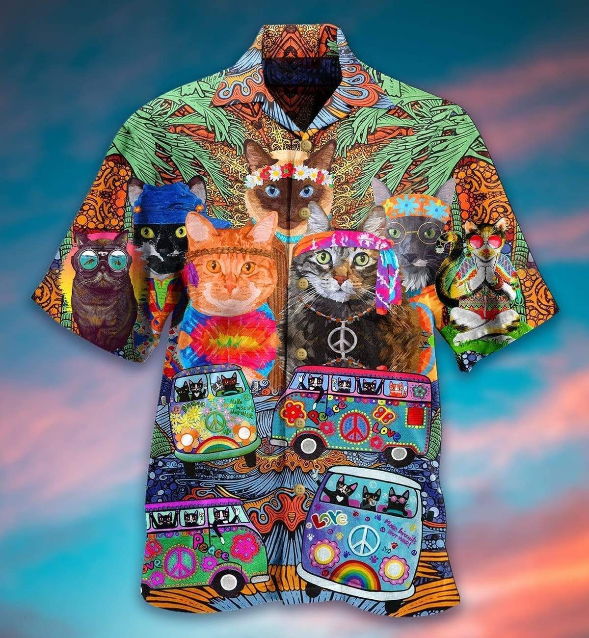 Colorful Hippie Van And Cat Hawaiian Shirt, Aloha Shirt For Summer