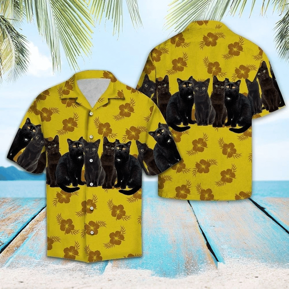 Black Cat Yellow Floral Summer Hawaiian Shirt Aloha Hawaii Shirt For Summer