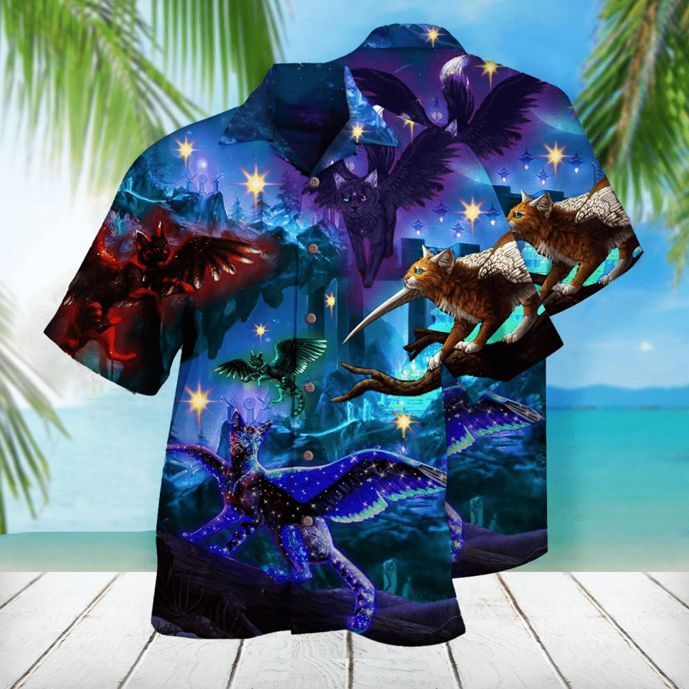 Mysterious Winged Cats Hawaiian Shirt, Aloha Shirt For Summer