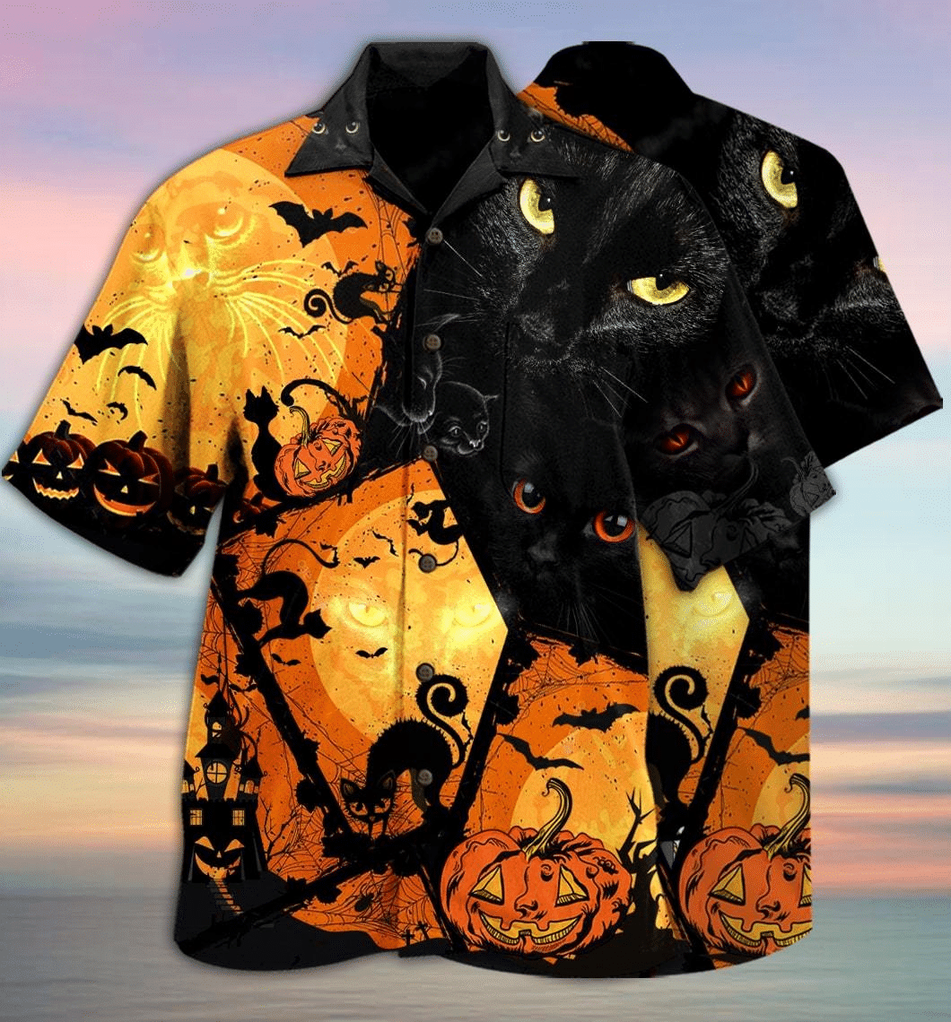 Black Cat Halloween Hawaiian Shirt, Aloha Shirt For Summer