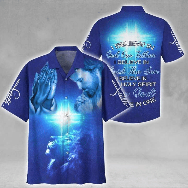 Amazing Jesus I Believe In God Blue Cross Lion Hawaiian Shirt, Aloha Shirt For Summer