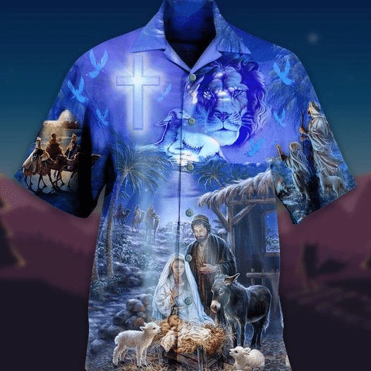 Lion With Jesus Was Born In Farm Blue Hawaiian Shirt, Aloha Shirt For Summer