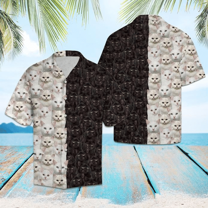 White & Black Cat Hawaiian Shirt, Aloha Shirt For Summer
