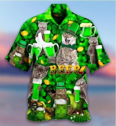Funny Cat With Beer On Saint Patrick's Day Hawaiian Shirt, Aloha Shirt For Summer