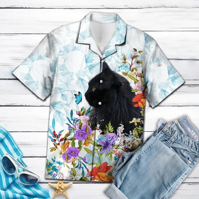 Black Cat Floral Hawaiian Shirt, Aloha Shirt For Summer