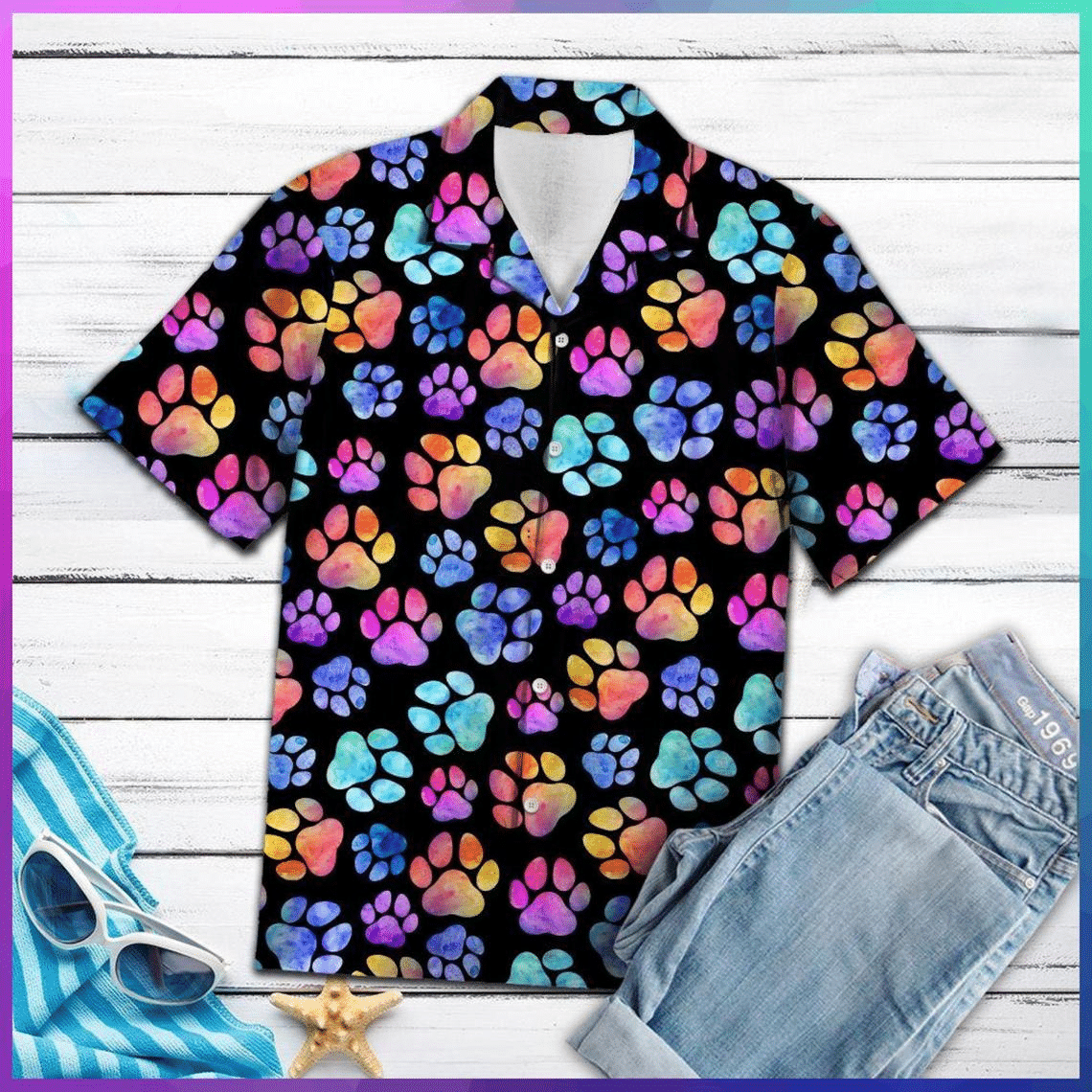 Dog Pawprint Colorful Hawaiian Shirt, Aloha Shirt For Summer