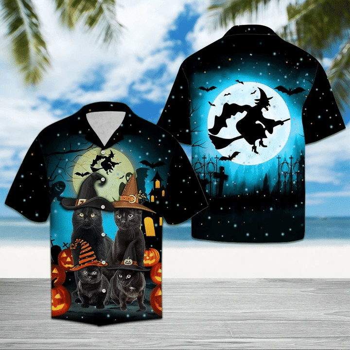 Black Cat Family Halloween Hawaiian Shirt, Aloha Shirt For Summer